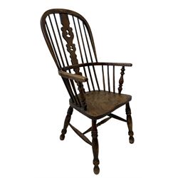 19th century ash and elm Windsor chair, the splat and spindle back over saddle seat, raised on turned supports, united by stretcher 
