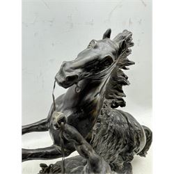 After Guillaume Coustou (1677-1746): Pair of bronze Marly horses with their groom, H56cm x 52cm
