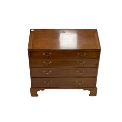 George III mahogany bureau, the fall front opening to reveal interior with drawers, cupboards and pigeon holes over four graduated drawers, raised on bracket supports W 107cm, H109cm, D56cm 