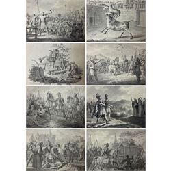 Haatje Pieters Oosterhuis (Dutch 1784-1854): Original Designs for Book Illustrations, set twenty four watercolours each signed, some dated 1825, 12.5cm x 7.8cm (24)
Notes: illustrations depicting primarily medieval war scenes and Roman Centurions with jungle, war and travel scenes; one frontispiece references 'La Fontaine Florian and another depicting a naval battle. Many of Oosterhuis' illustrations were created for kinderboeken (children's books), and his works can be found in Dutch museums such as the Rijks. 
