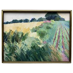 Jack Hellewell (Northern British 1920-2000): Ploughed Fields with Foxgloves, acrylic on board signed verso 45cm x 60cm
Provenance: direct from the family of the artist