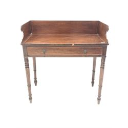 Georgian mahogany inlaid writing table, three quarter galleried top over single drawer, raised on ring turned supports 91cm x 51cm, H94cm