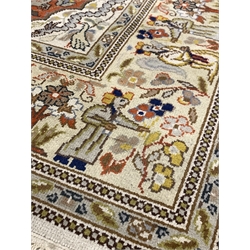 Persian design ground rug, lobed central medallion on red field decorated with stylised hunting scene, (143cm x 200cm) together with a Turkish prayer rug (123cm x 208cm) 