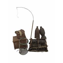 Two vintage wicker Eel traps, crab pot, another eel trap, wicker creel, wicker tackle box together with a fishing pole