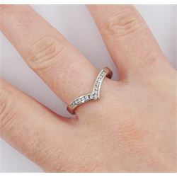 18ct white gold channel set round brilliant cut diamond wishbone ring, stamped 750