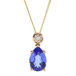 18ct rose gold pear shaped tanzanite and round brilliant cut diamond pendant, on 18ct yellow gold necklace, tanzanite carat 2.50 carat, diamond approx 0.30 carat