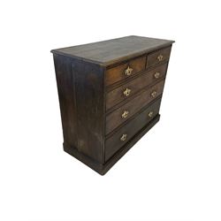 19th century oak chest of drawers, fitted with two short and three long graduated drawers, raised on a plinth base
