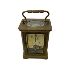 French- early 20th century timepiece carriage clock complete with original velvet lined traveling case, enamel dial with Roman numerals, minute markers and steel spade hands, corniche style case with an oval glass panel to the top, 8-day movement with a replacement jewelled lever platform escapement. With key.