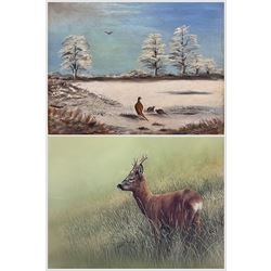 Robert E Fuller (British 1972-): Deer in Long Grass, limited edition colour print signed and numbered 185/300 in pencil 20cm x 29cm; E Crampton (British 20th century): Pheasants in Winter Landscape, oil on canvas signed and dated 1959, 30cm x 35cm