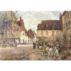 James W Milliken (British 1887-1930): Flower Market in Dam Square Amsterdam and Dutch Street Scene, pair watercolours signed 25cm x 35cm (2)