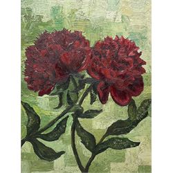 Nancie Crowther (British Early 20th century): 'Peonies', oil on board unsigned, artist address label verso 64cm x 49cm