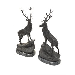 After Jules Moignier - Pair of bronze stags on marble bases H73cm