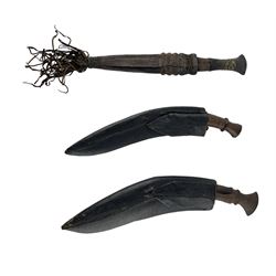  Nepalese  kukri with skinning knives in scabbard, another kukri and an African knife with brass blade (3)