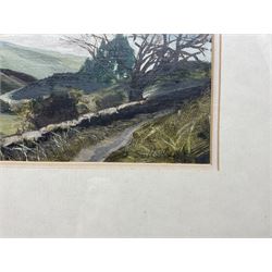 Joan Sutherland (British 20th century): 'Pathway in Miterdale' Lake District, oil on canvas board signed, titled verso 12cm x 24cm