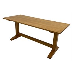 20th century beech refectory style dining table, rectangular top raised on square section end supports with sledge feet united by stretcher 183cm x 75cm, H76cm