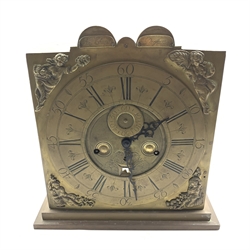  18th century and later brass clock, the dial stamped 'Jn Clayton, Prescott' with Roman numeral and Arabic chapter ring, with later 8 day movement, striking hammer on gongs, W37cm  