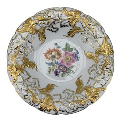 Meissen porcelain bowl (1924-1934) having central painted floral decoration within a relief gilt heightened acanthus border, blue crossed sword mark and impressed C113B beneath, D25cm 