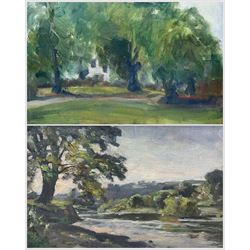 English Impressionist School (Mid 20th Century): Countryside Stream and The Cottage Through the Trees, two oils on canvas by different hands unsigned, one inscribed indistinctly verso max 20cm x 31cm (2)