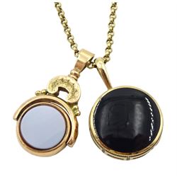 Early 20th century 10ct rose gold bloodstone and agate swivel fob, stamped and a 9ct gold black onyx and agate fob, Sheffield 1979, with a 9ct gold necklace