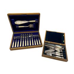 Oak cased set of fish knives and forks and a Victorian cased set of mother-of-pearl and silver-plated tea knives and forks, in oak case with brass presentation plaque dated 1898 (2)