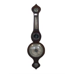 Victorian inlaid rosewood barometer, thermometer and hydrometer in banjo pattern case with silvered registers H95cm