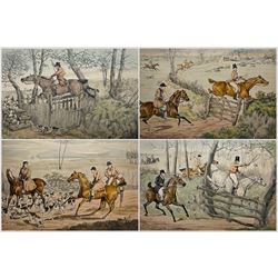 After Charles Cooper Henderson (British 1803-1877): 'Changing Horses', engraving with hand colouring 45cm x 66cm; After TNH Walsh (British 1869-1882): Dodson's Sporting Incidents, set three engravings with hand colouring 29cm x 42cm (unframed); 'Hunting Incidents', set four restrike engravings with hand colouring after Henry Alken 21cm x 34cm (8)