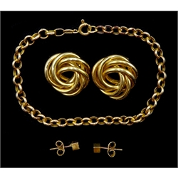 Gold belcher link bracelet and two pairs of gold stud earrings, all hallmarked 9ct, approx 7.47gm