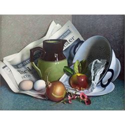 Dan Ferguson (Scottish 1910-1992): Still Life of The Times and Groceries, oil on canvas signed 39cm x 49cm