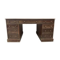 Victorian mahogany partners desk, rectangular top with inset writing surface and moulded edge, fitted with three frieze drawers to each side, the front pedestals with six graduating drawers and cupboards to the rear