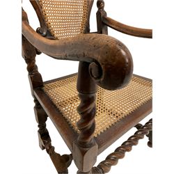 19th century walnut carver armchair, scroll carved back and cresting rail, cane work back and seat, scroll carved arm terminals on barley twist supports