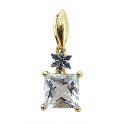 Gold aquamarine and clue diamond pendant, stamped 9K, aquamarine approx 1.00 carat