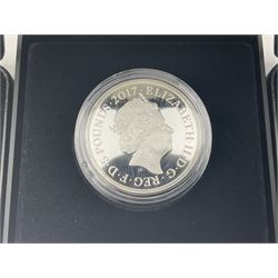 Three The Royal Mint United Kingdom 2017 silver proof coins, comprising 'Nations of the Crown' one pound, 'Nations of the Crown' piedfort one pound' and 'Prince Philip Celebrating a Life of Service' five pounds, all cased with certificates (3)