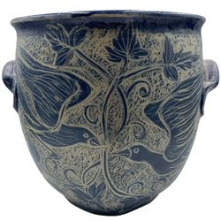 John Egerton (c1945-): studio pottery stoneware twin handled vase, of hexagonal form, decorated with birds and flowers on a blue ground, H24cm