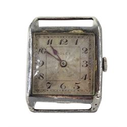 Rolex early 20th century silver square face manual wind wristwatch, engine turned silvered dial, back case stamped 580 54077, Glasgow import marks 1926