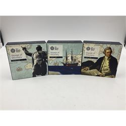 Three The Royal Mint United Kingdom 2018 '250th Anniversary of Captain James Cook's Voyage of Discovery' silver proof two pound coins, comprising 'Coin I - 1768', 'Coin II - 1769' and 'Coin III - 1770', housed in a presentation box together with the original boxes and certificates