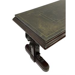 Pair of 19th century mahogany entrance tables, with rectangular marbled tops with applied gilt lining on step-moulded rails, the upright supports mounted with scrolled cartouche and c-scroll brackets, extending moulded sledge feet, the uprights joined by a turned stretcher, fitted with recessed castors