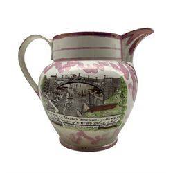 Early 19th century Sunderland pink lustre jug with a view of the Iron Bridge heightened in colour and inscribed Dixon & Co 1813, with verse to the reserve panel 'Swiftly See Each Moment Flies....' H18cm