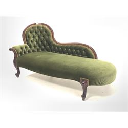 Victorian style mahogany chaise longue, upholstered in buttoned green velvet, raised on scroll carved cabriole supports L164cm