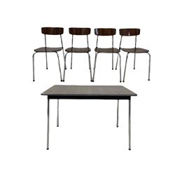 Mid-20th century rectangular Formica and chrome kitchen table, the rectangular top raised by four chrome supports, together with four chairs of similar design 