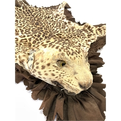 Taxidermy - Early 20th century Indian leopard skin rug (Panthera pardus) flat skin rug with head mount and outstretched limbs with replaced backing 195cm x 12ocm max