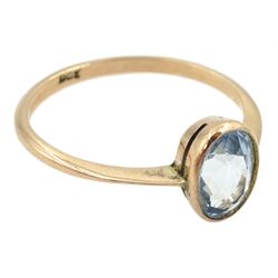 Early 20th century rose gold milgrain set single stone oval aquamarine ring, stamped 9ct, 