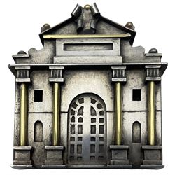 Vicki Ambery-Smith (British 1955-): Silver and yellow metal architectural brooch depicting Burlington House, with arched doorway and four columns, W4.2cm x H4.8cm, hallmarked London, 1988. Vicki Ambery-Smith is known for her detailed architectural interpretations of classical buildings, created in miniature and modelled in gold and silver, both as jewellery and as Objects of Vertu.