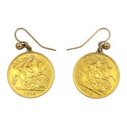 Pair of half sovereign coin earrings dated 1913 and 1914, with soldered mounts