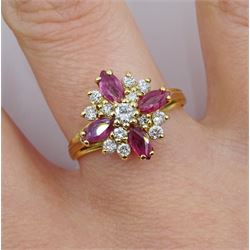 18ct gold marquise shaped pink sapphire and round brilliant cut diamond cluster ring, hallmarked