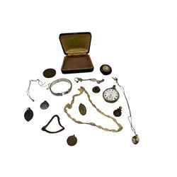 9ct gold cubic zirconia pendant necklace and a 9ct gold French jet ring, silver jewellery including hinged bangle, identity bracelet and cycling medallion, Whitby jet hairwork mourning brooch, Limit pocket watch, and a collection of costume jewellery and medallions