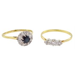 18ct gold sapphire and diamond cluster ring and an 18ct gold diamond three stone ring, total diamond weight approx 0.15 carat