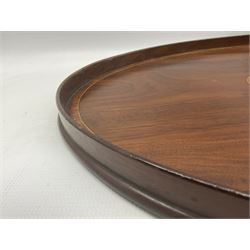 Edwardian oval mahogany galleried tea tray, inlaid to the centre with a large conch shell within a crossbanded border, 68cm x 49cm