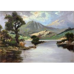 Jack M. Ducker (Scottish fl.1910-30): Fishing in a Loch, Scottish Highland landscape oil on board, signed 38cm x 53cm