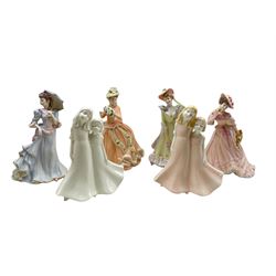Four Wedgwood bisque porcelain figures designed by Shirley Curzon comprising Abigail, Georgina, Harriet and Christina with certificates, together with two Royal Worcester Moments figures 'Friendship', both boxed (6)