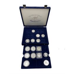Fifteen Queen Elizabeth II Australia coins, including five one ounce fine silver kangaroo coins dated 1993, 1994, two 1995 and 1996, two one ounce fine silver kookaburra coins dated 1995 and 1996 etc, housed in a blue case
